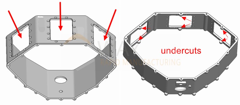 undercut features below holes